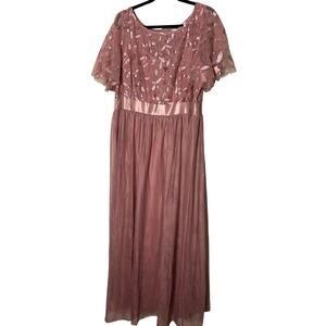 Floral Embellished Pleated Dress Short Sleeve Fl. Length Tulle Purple Orchid 24